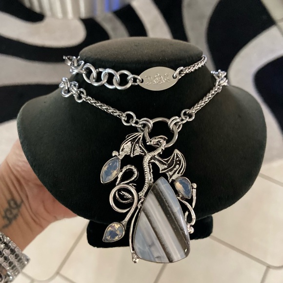 925 sterling silver overlay stripped agate iridescent opalite dragon necklace - Picture 12 of 12